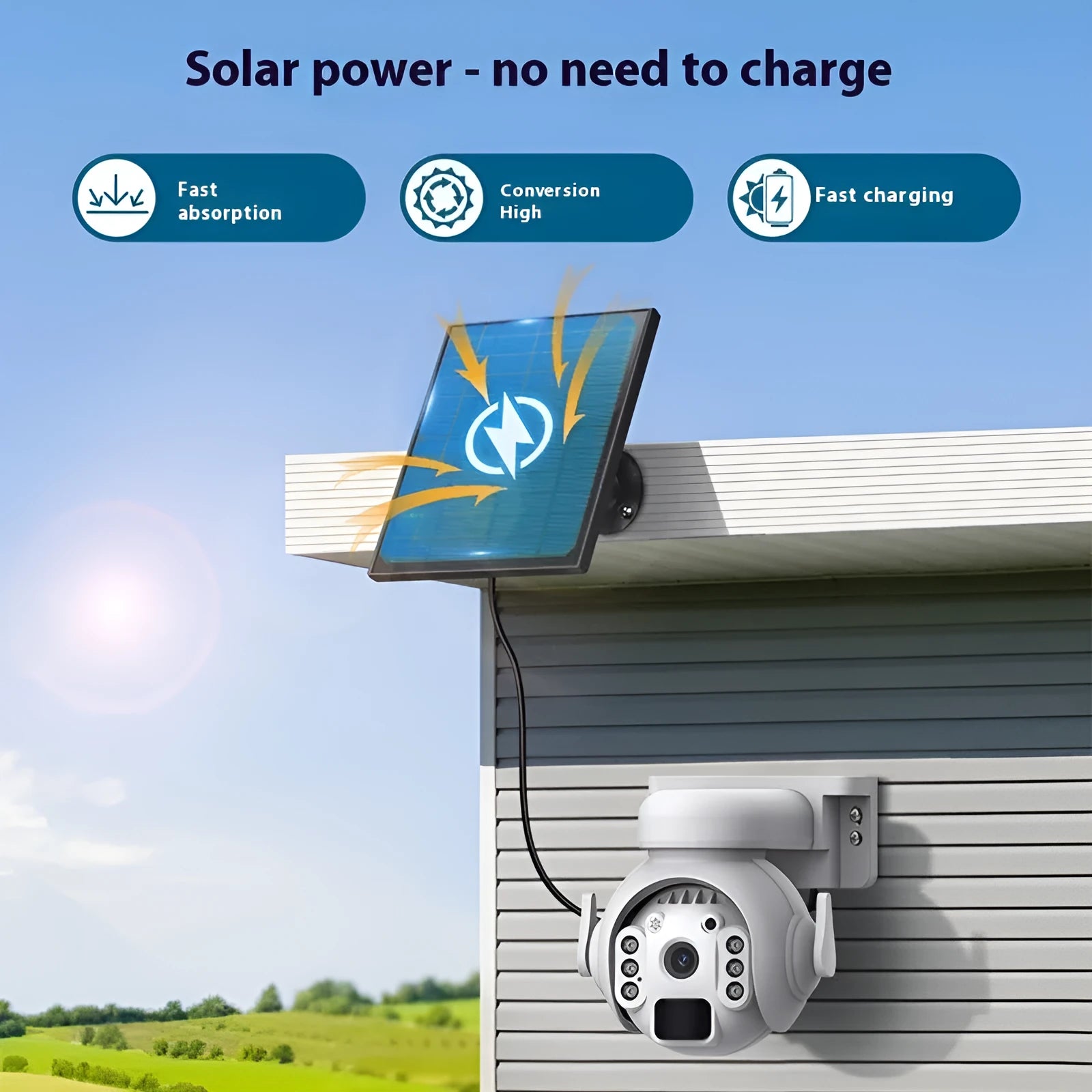 Outdoor solar-powered security camera in camouflage colour with integrated solar panel on top.