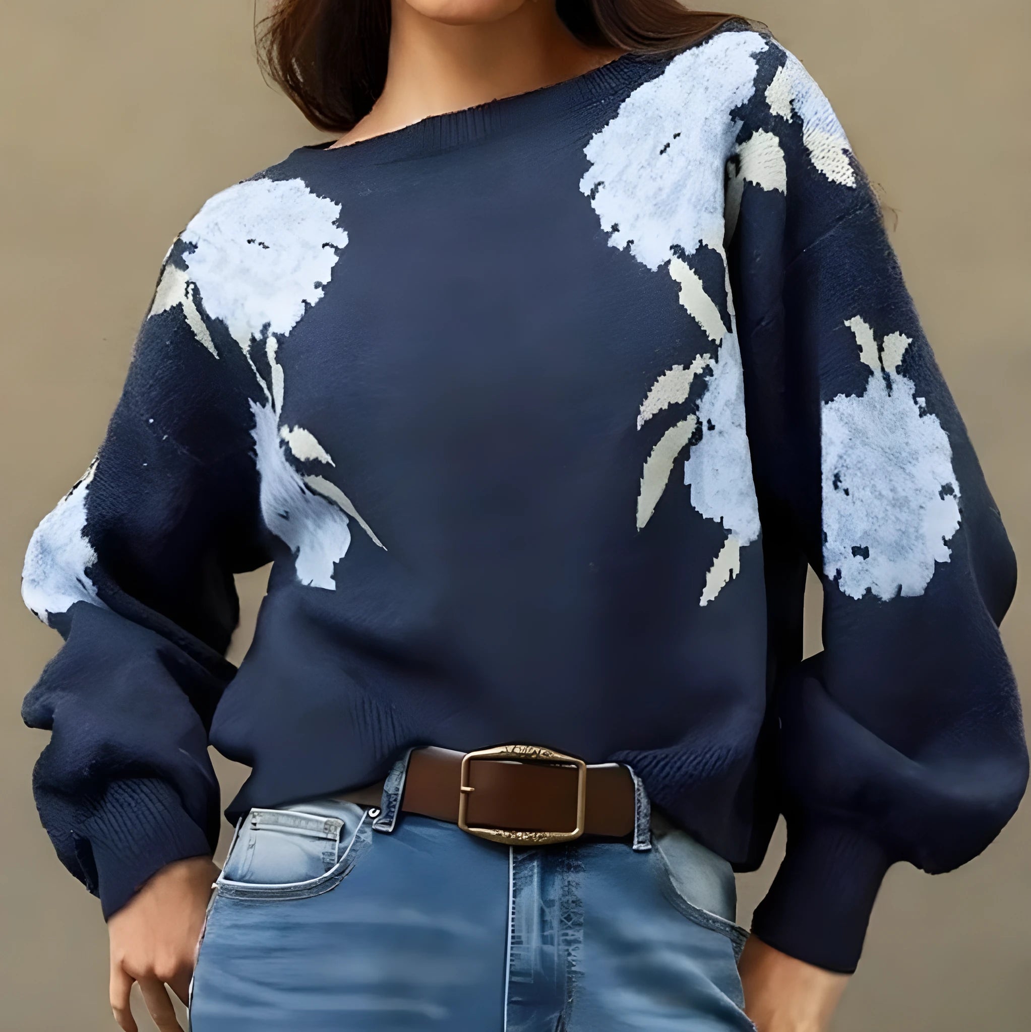 Sapphire Blue women's pullover with flower jacquard pattern and loose casual design