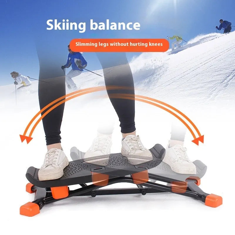 Black mini fitness skiing machine with elastic hand straps for indoor home exercise