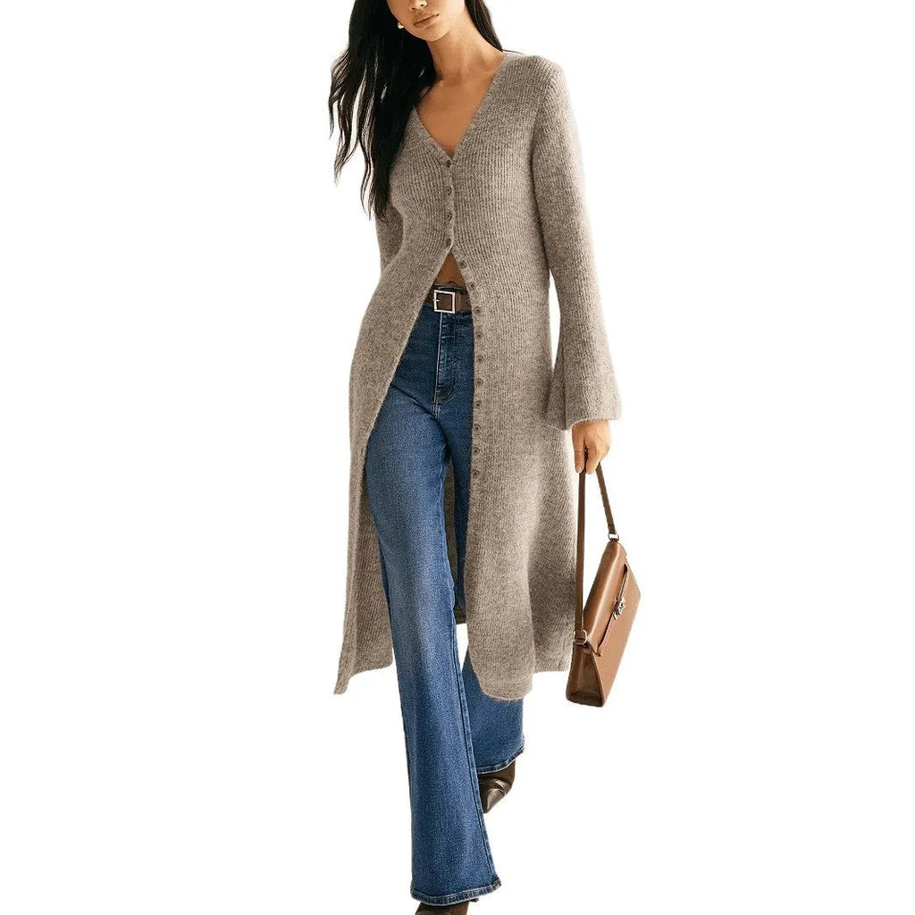 Khaki French style retro long sleeve cardigan coat with button fastening