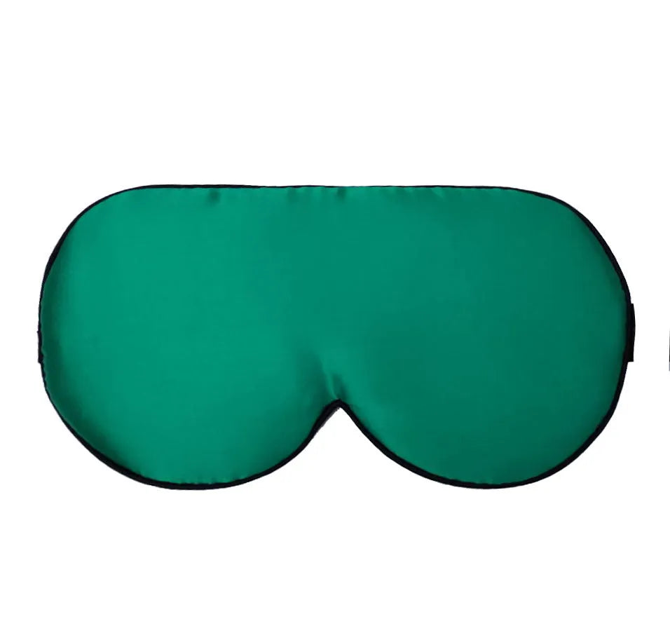 Double-sided mulberry silk sleep mask in multiple colours showing embroidered print and adjustable strap.