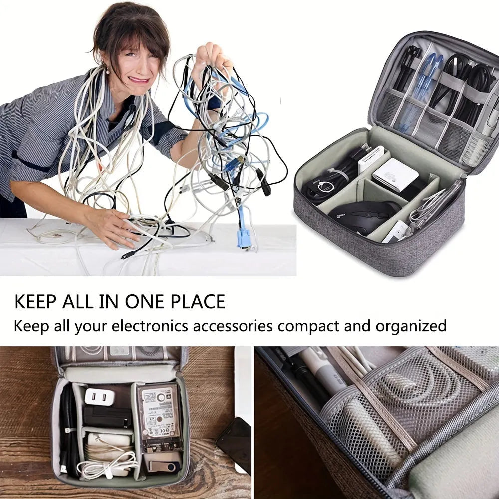 Black travel cable organiser bag open to show mesh pockets, elastic loops, and removable padded dividers inside.