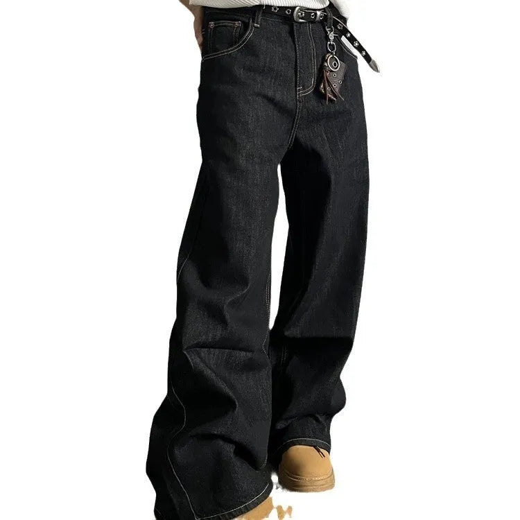 Retro black wide-leg jeans with straight-leg styling and zip fly opening