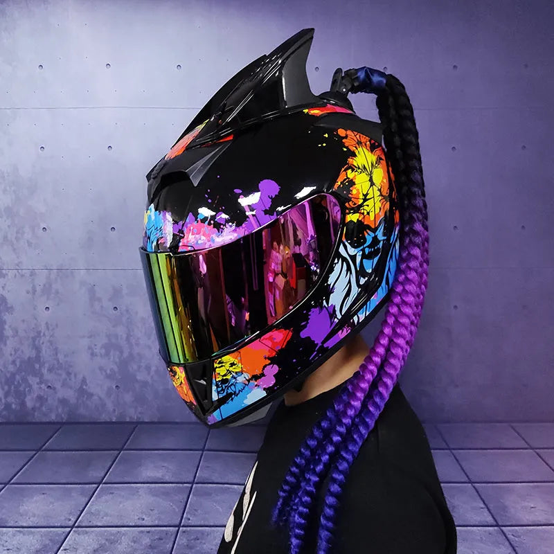 Couples' Dirty Braids full face motorcycle helmet in Black Clown graphic style on a white background.