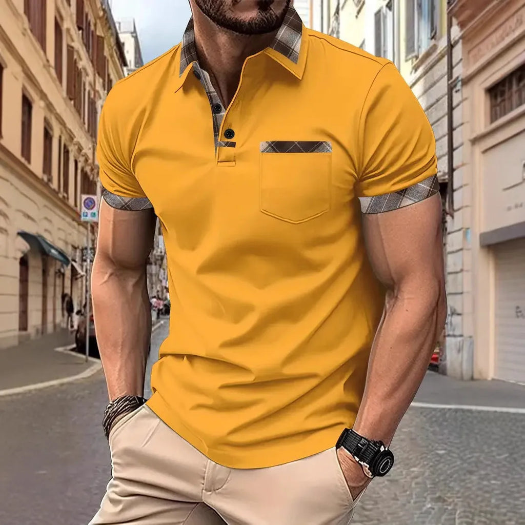 Man wearing a loose-fit plaid colourblock t-shirt with a zipper decoration detail on the front.