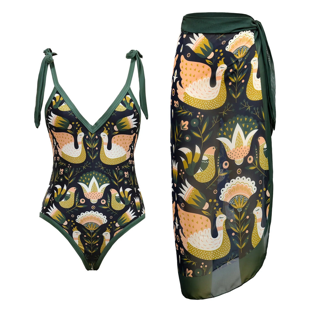 Women's solid colour one-piece swimsuit with spaghetti straps and an attached skirt.