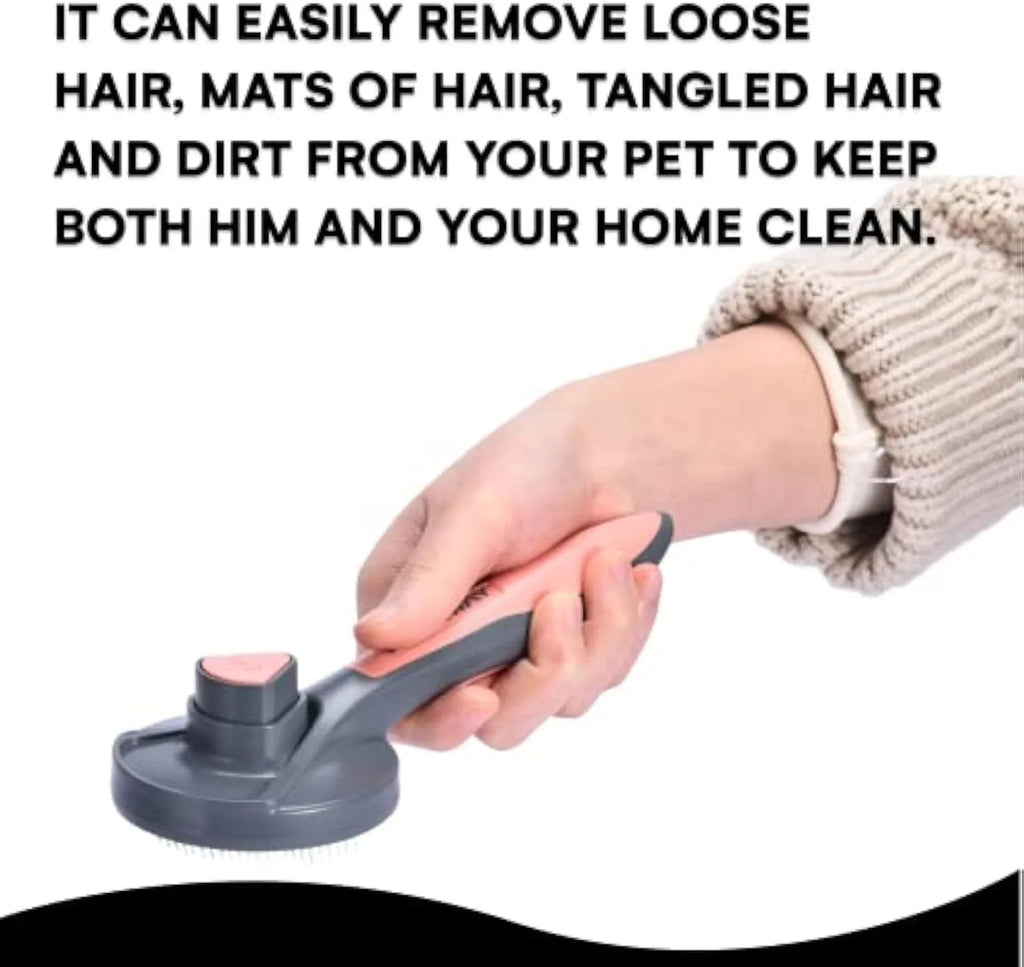Grey self-cleaning slicker brush for pets with a one-click button and massage-tipped bristles on a white background