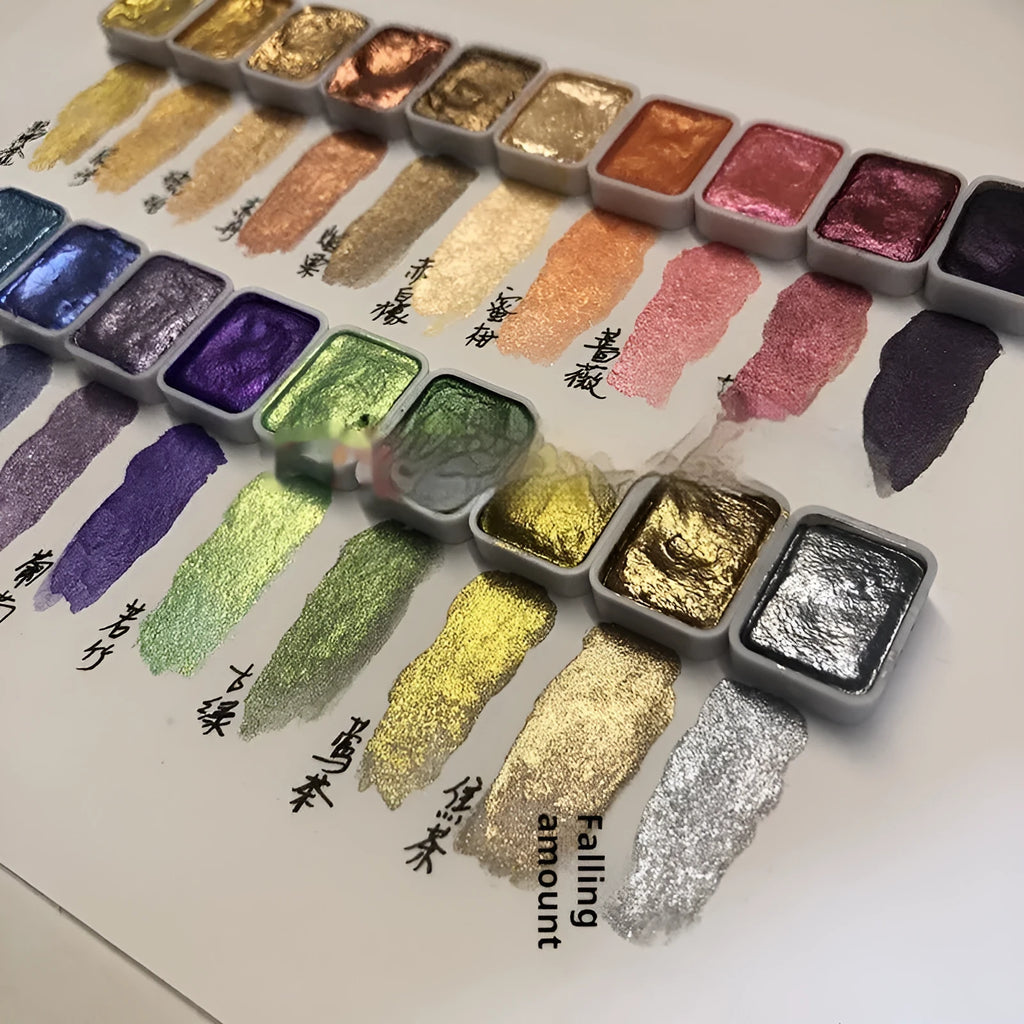 Traditional Chinese painting watercolour set showing 20 mineral pearlescent colours in tubes including metallic gold, red and white