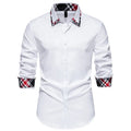 Men's plaid contrast colour long sleeve shirt with triangle collar in blue, black or white options