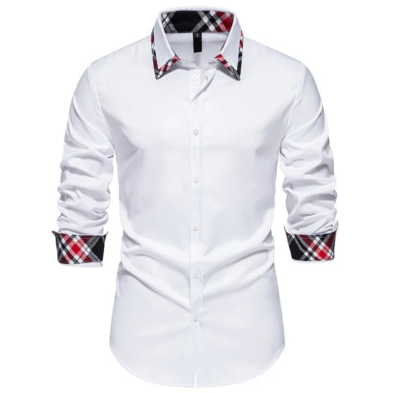 Men's plaid contrast colour long sleeve shirt with triangle collar in blue, black or white options