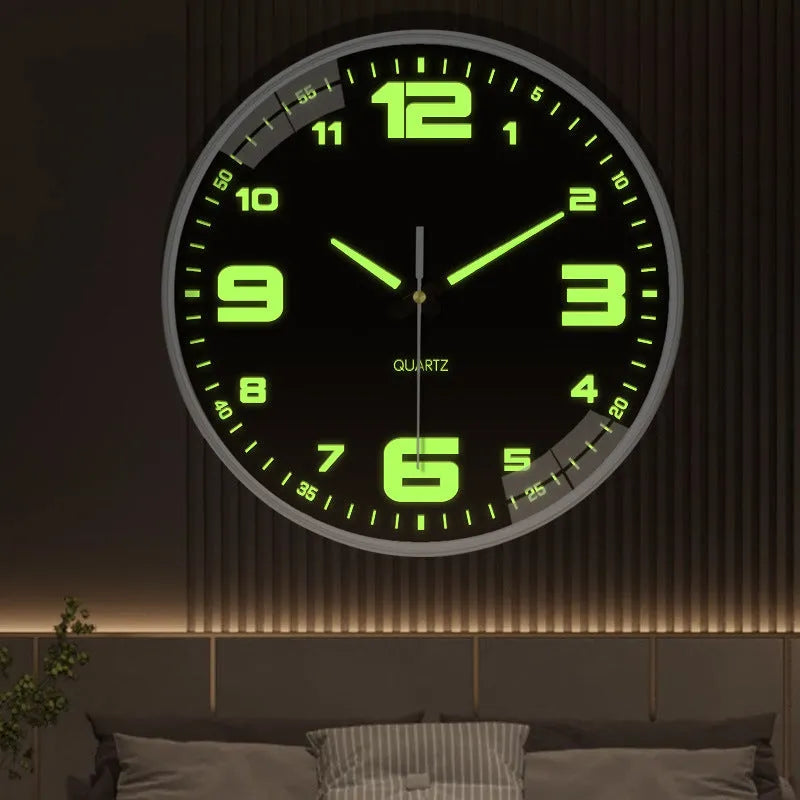 20cm modern luminous wall clock with plastic shell on a wall.