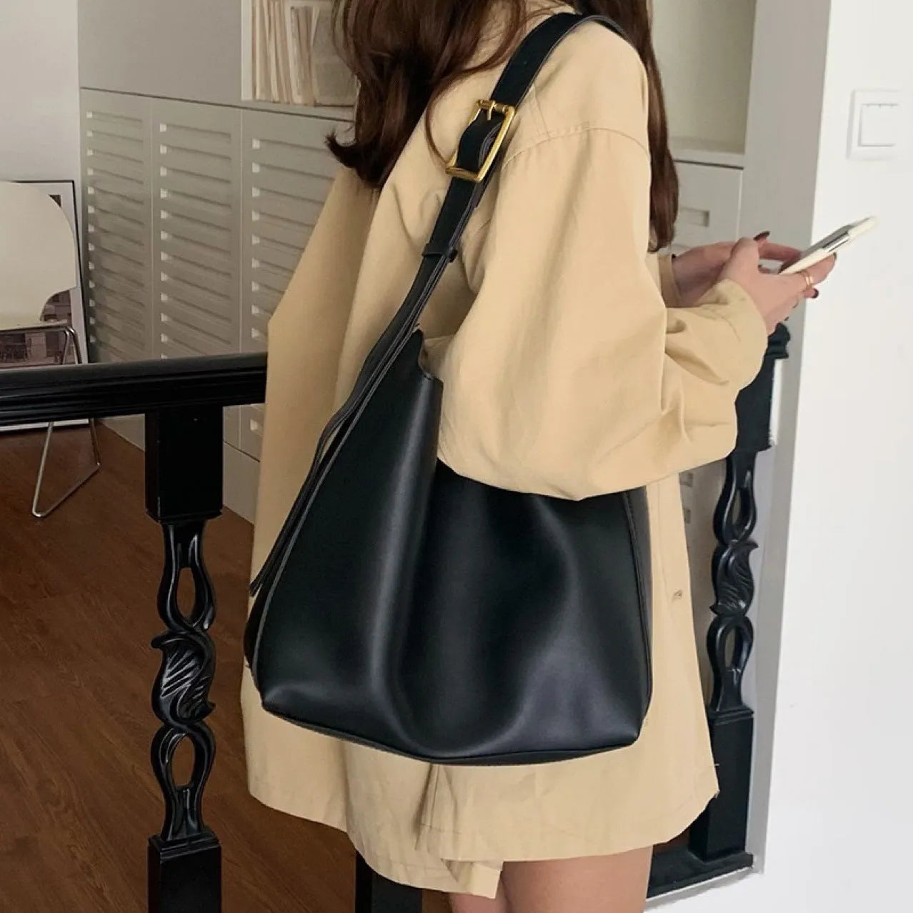 Women's soft PU shoulder bag set showing black ribbon and brown packet versions with swing threads detail