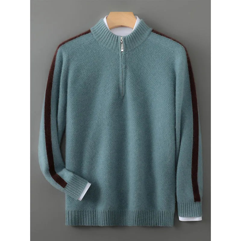Sheep wool half-height zip round neck slim fit sweater in raw velvet camel colour