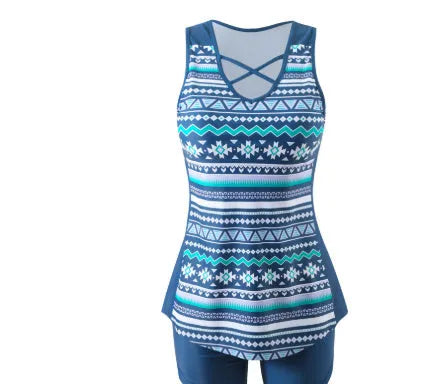 Blue floral printed lace two-piece women's swimsuit with removable padded top.