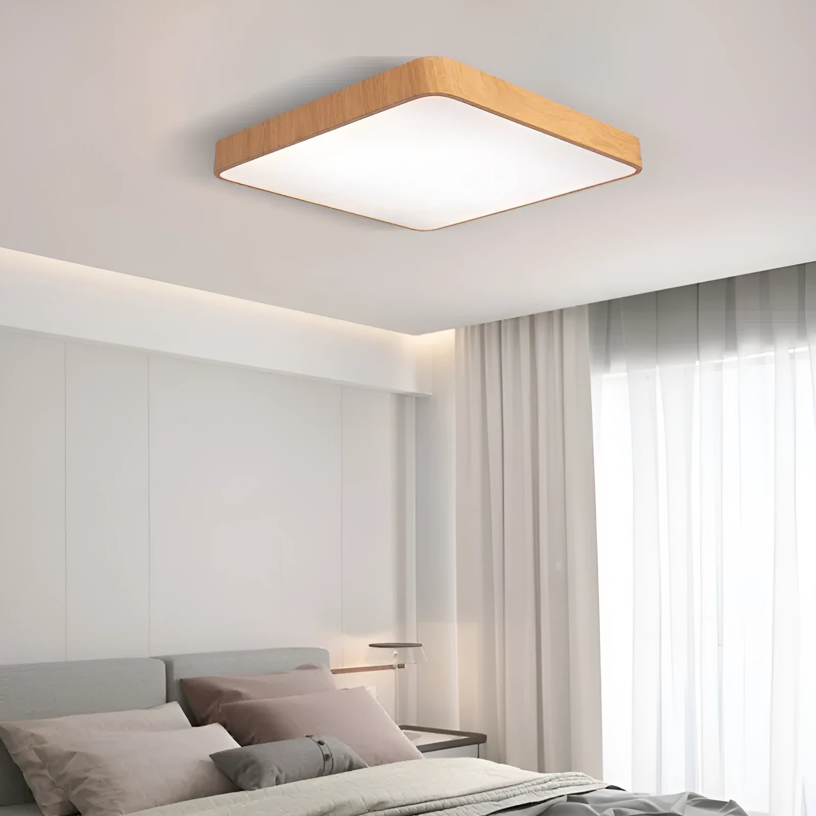 Square Nordic LED ceiling light with wood grain finish and iron frame in white light mode