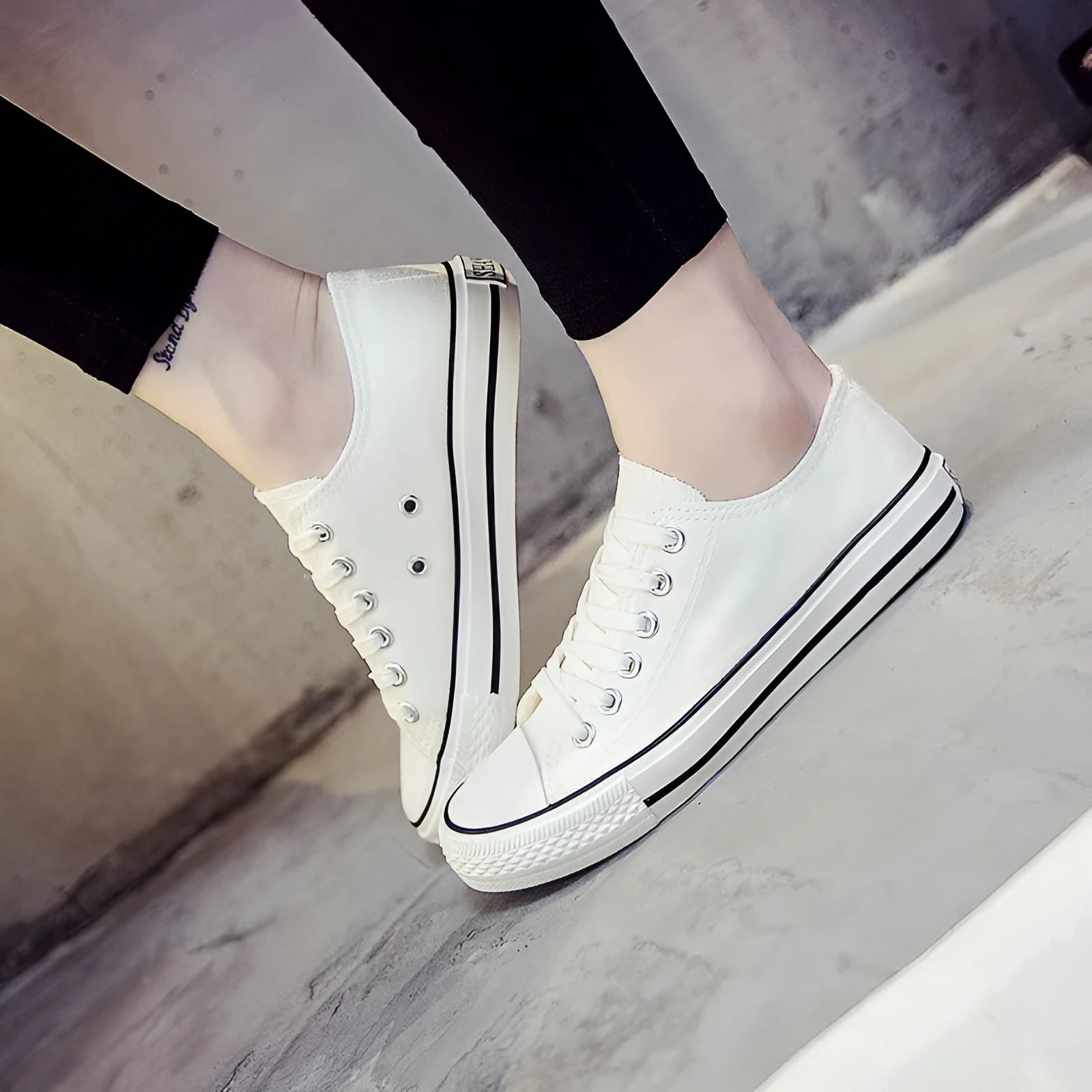 Women's solid colour canvas casual shoes shown in black, white black, white red, and all black colour options.
