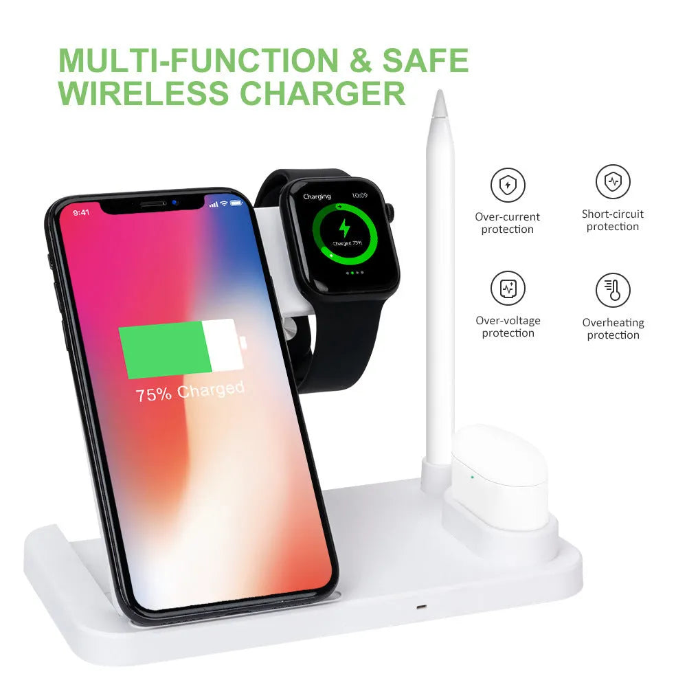 Folding 4-in-1 wireless charger showing iPhone, Apple Watch, AirPods and Apple Pencil charging simultaneously