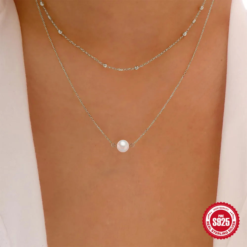 S925 sterling silver double layer pearl necklace with twin pearls and ball bead chain in gold colour