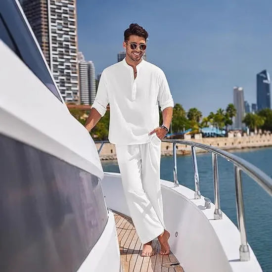 Men's cotton casual suit with long sleeve top and trousers in solid colours