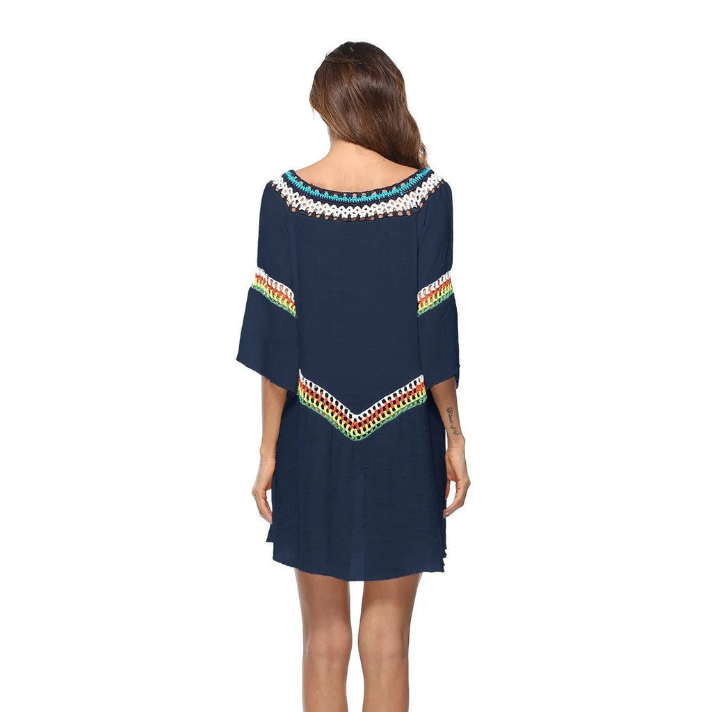 Woman's ethnic crochet beach cover-up top in apricot colour, free size, for sun protection.