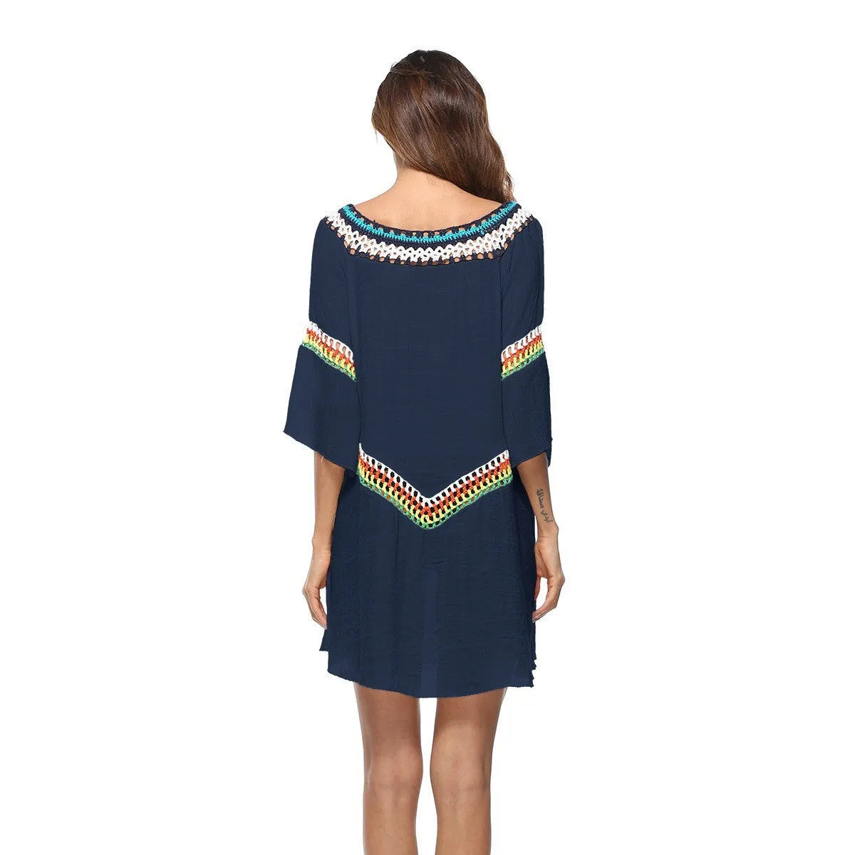 Woman's ethnic crochet beach cover-up top in apricot colour, free size, for sun protection.