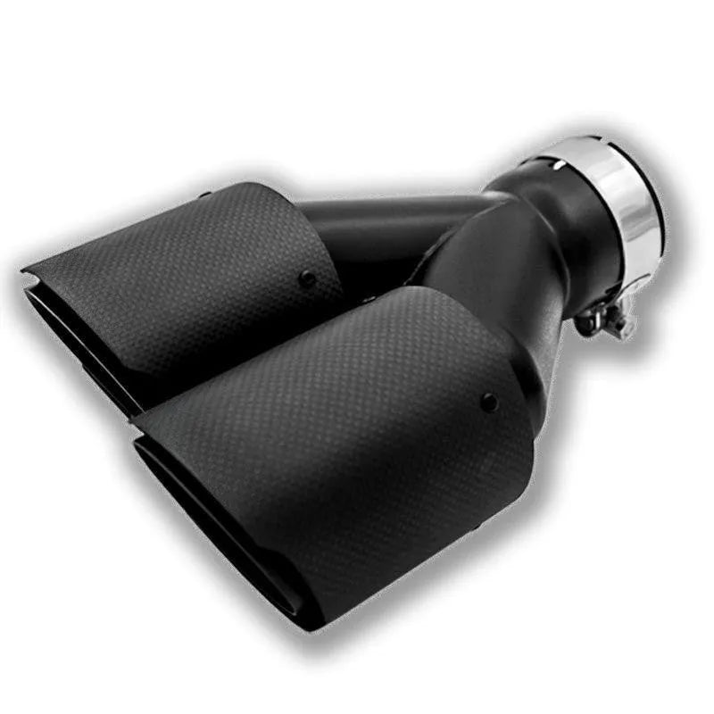 Black carbon fibre car exhaust pipe with double outlet silencer measuring 250mm