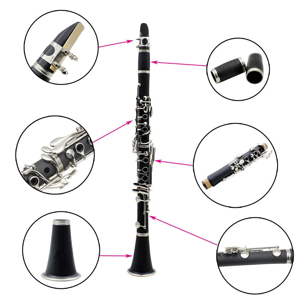 Black bakelite clarinet with 17 nickel-plated keys and carrying case for beginners