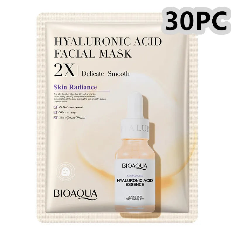 Single-use facial sheet mask with gel serum, shown in Centella, Collagen, Hyaluronic Acid or Vitamin C variants.