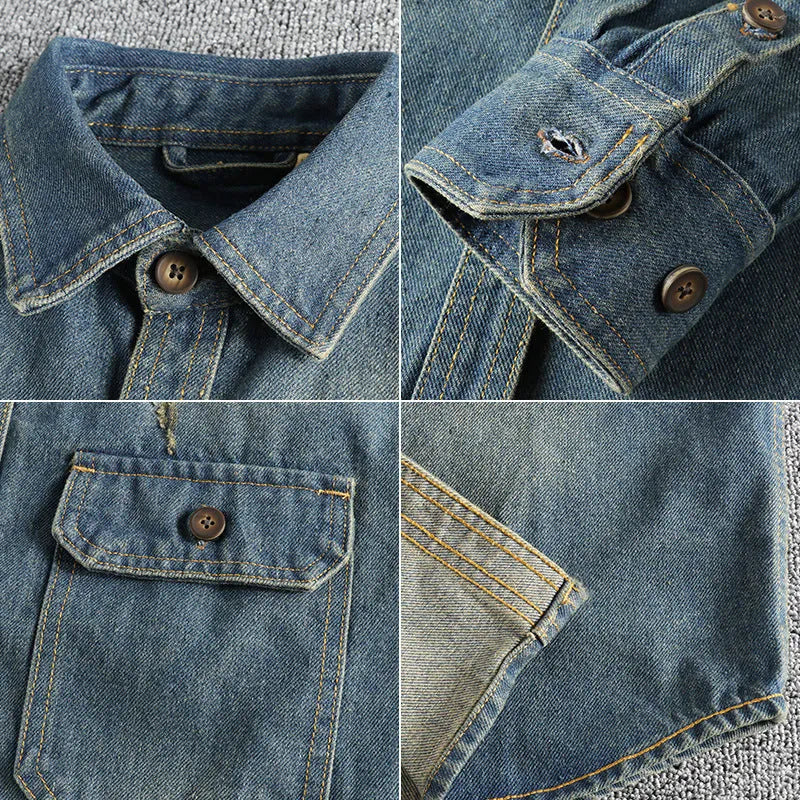 Men's loose cardigan style washed vintage denim shirt in light blue