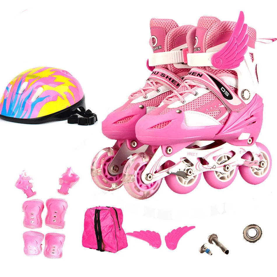 Adjustable children's roller skates in yellow with helmet and protective gear