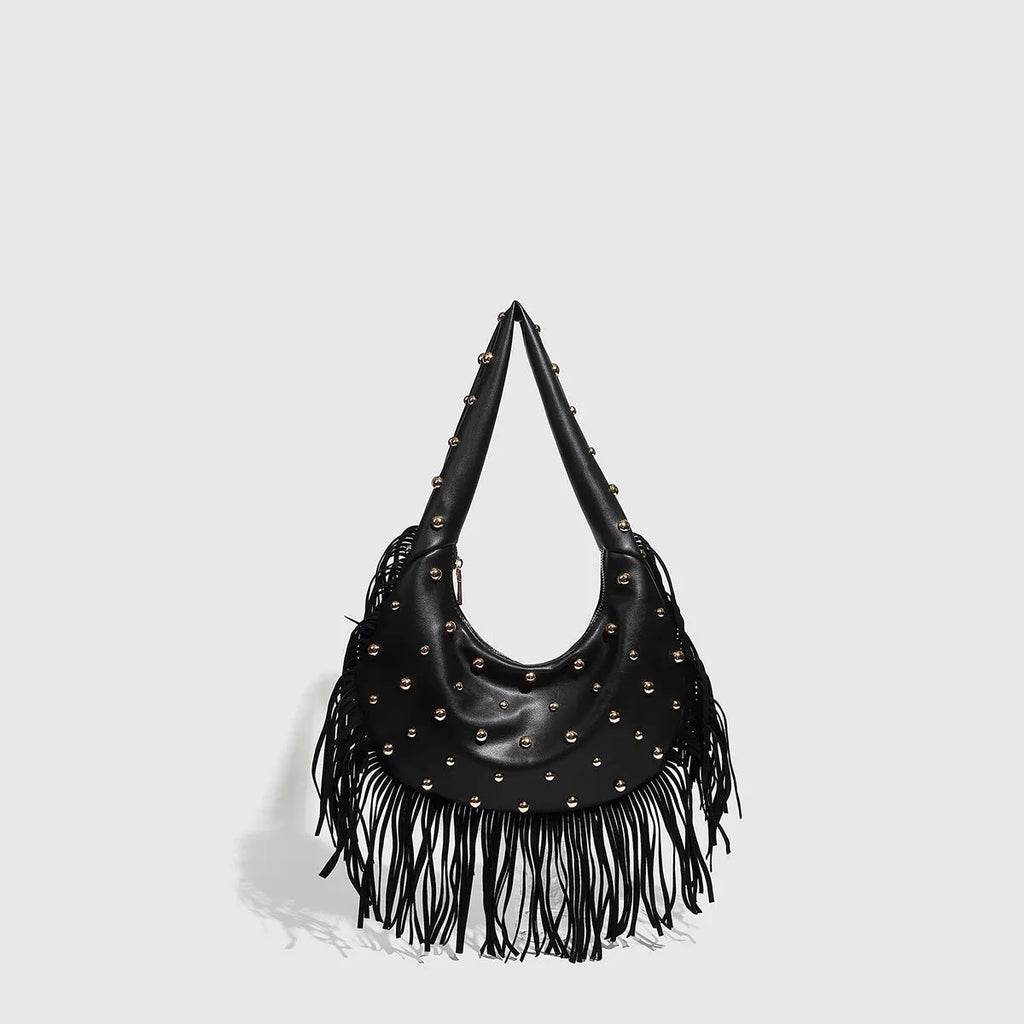 Retro tassel shoulder handbag in black or wine red with internal mobile phone compartment
