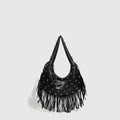 Retro tassel shoulder handbag in black or wine red with internal mobile phone compartment