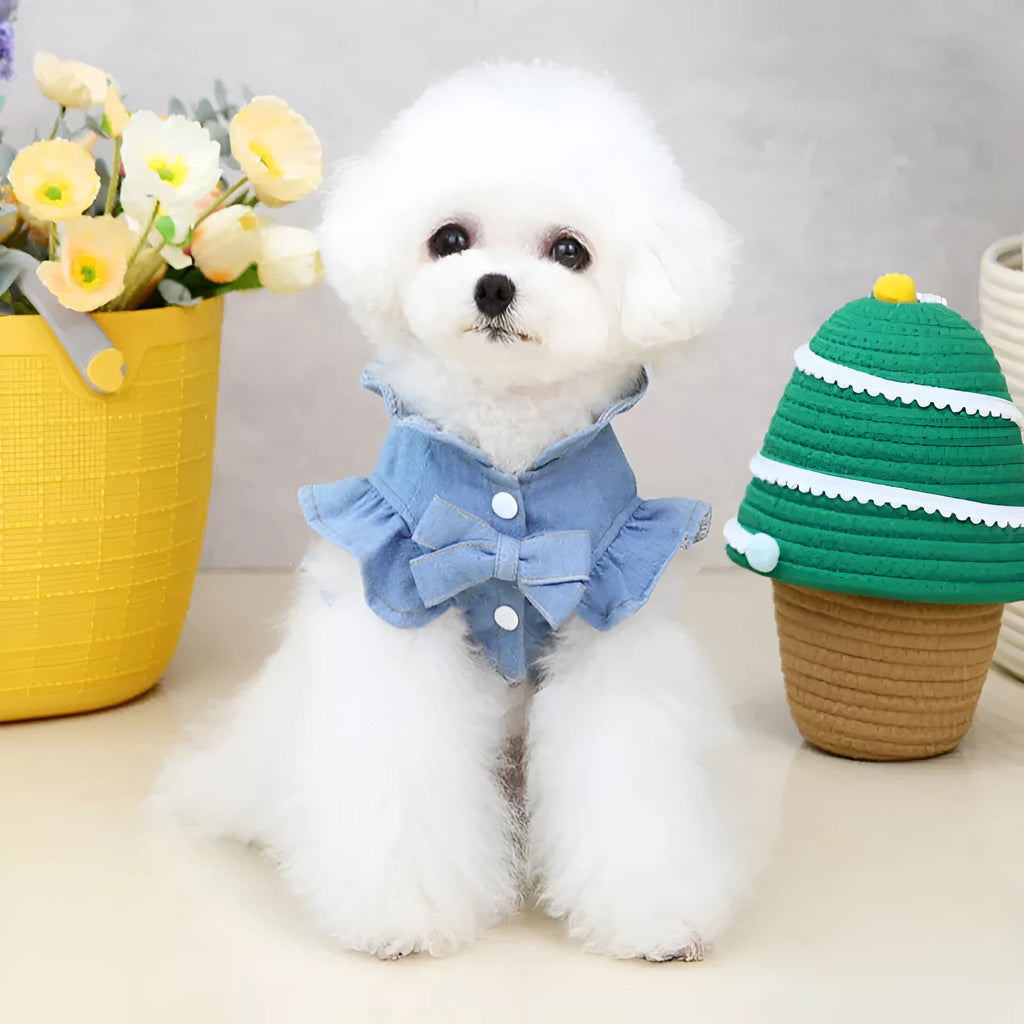 Blue denim dog dress with ruffle vest design and chest leash hook in various sizes