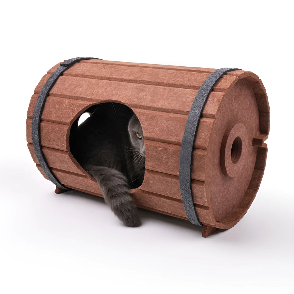 DIY assembled wine barrel shaped cat bed made from grey polyester felt panels.