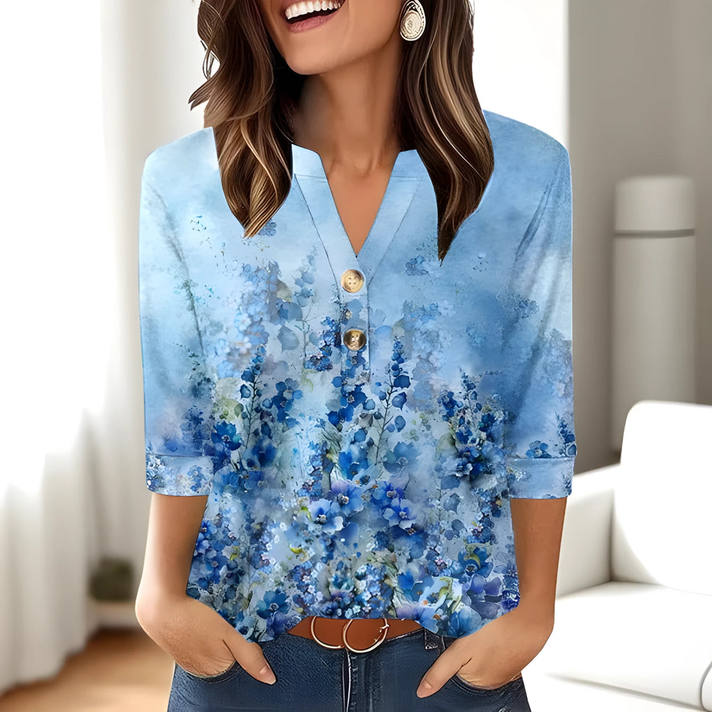 Women's casual printed V-neck top with 3D pattern in loose Japanese Korean fit