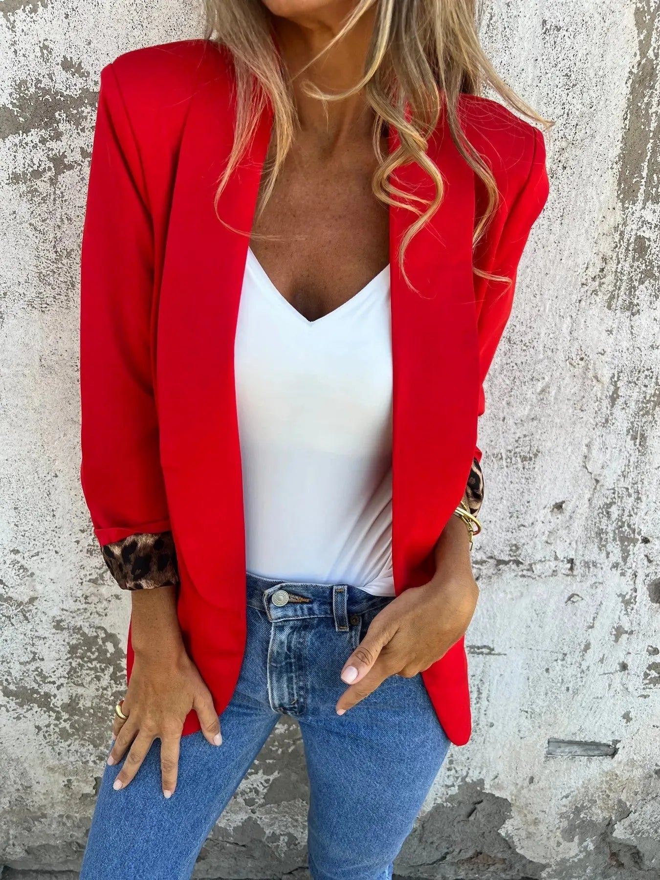 Women's slim fit blazer with black and red cheetah animal print pattern and lapel collar