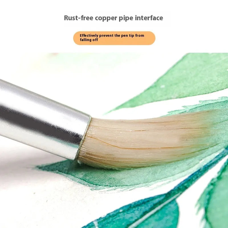 Six wooden-handled pointed hook line pen brushes with wool tips arranged together