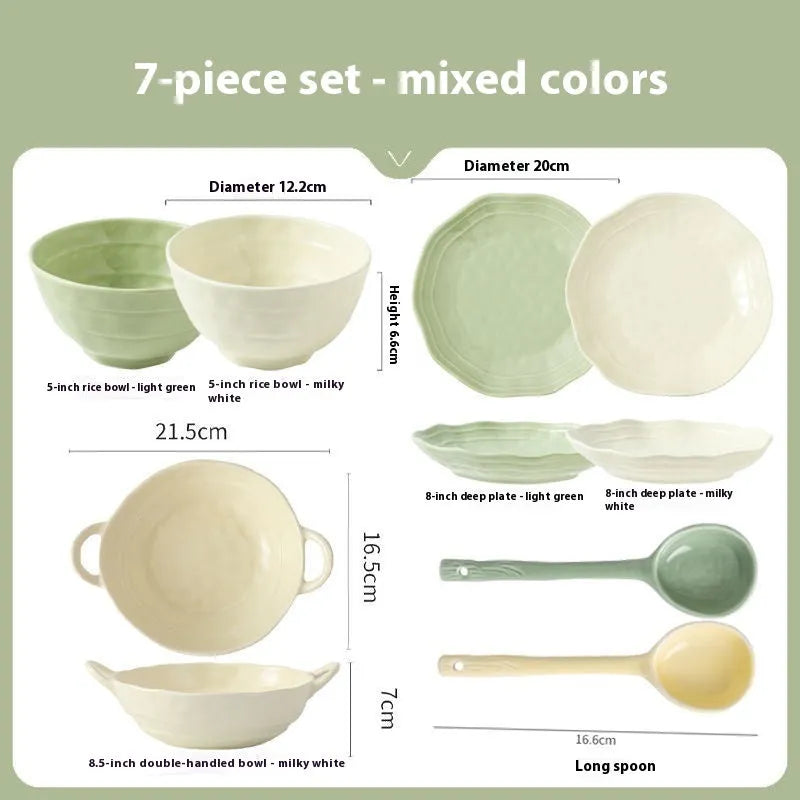 Solid colour ceramic tableware set of seven pieces with modern Japanese style design