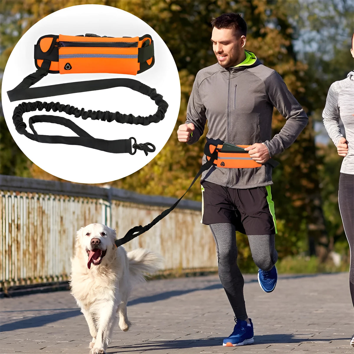 Nylon pet purse leash for dog walking with waist bag and traction rope, available in blue, black, red, orange and yellow.