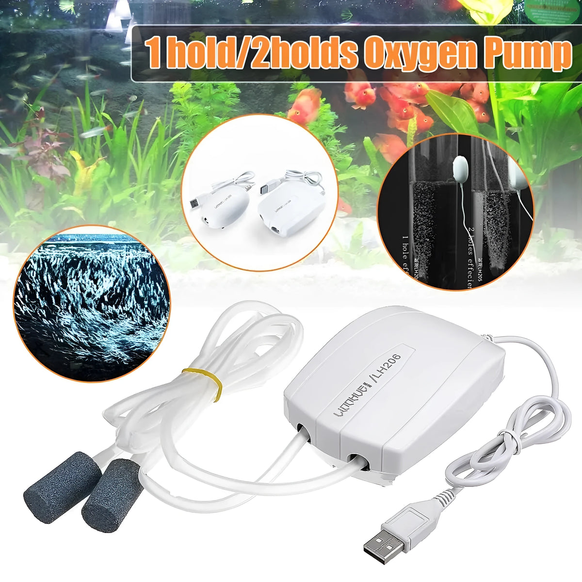 White aquarium air pump mini compressor with steel clip and rubber shockproofing, models LH205 and LH206.