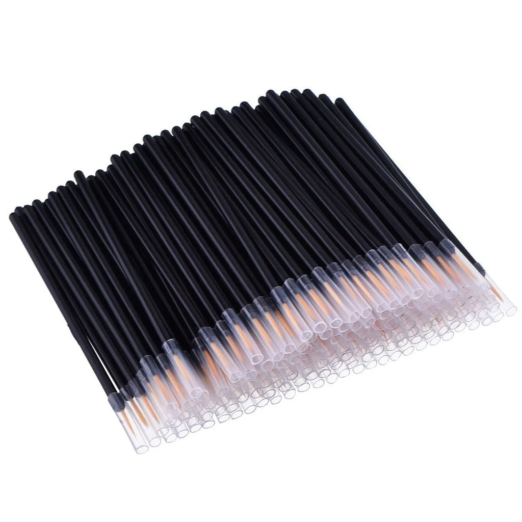 Pack of 100 black disposable eyeliner brushes with fine fibre tips and clear plastic protective sleeves