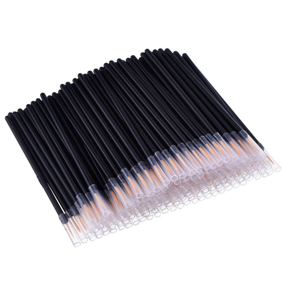 Pack of 100 black disposable eyeliner brushes with fine fibre tips and clear plastic protective sleeves