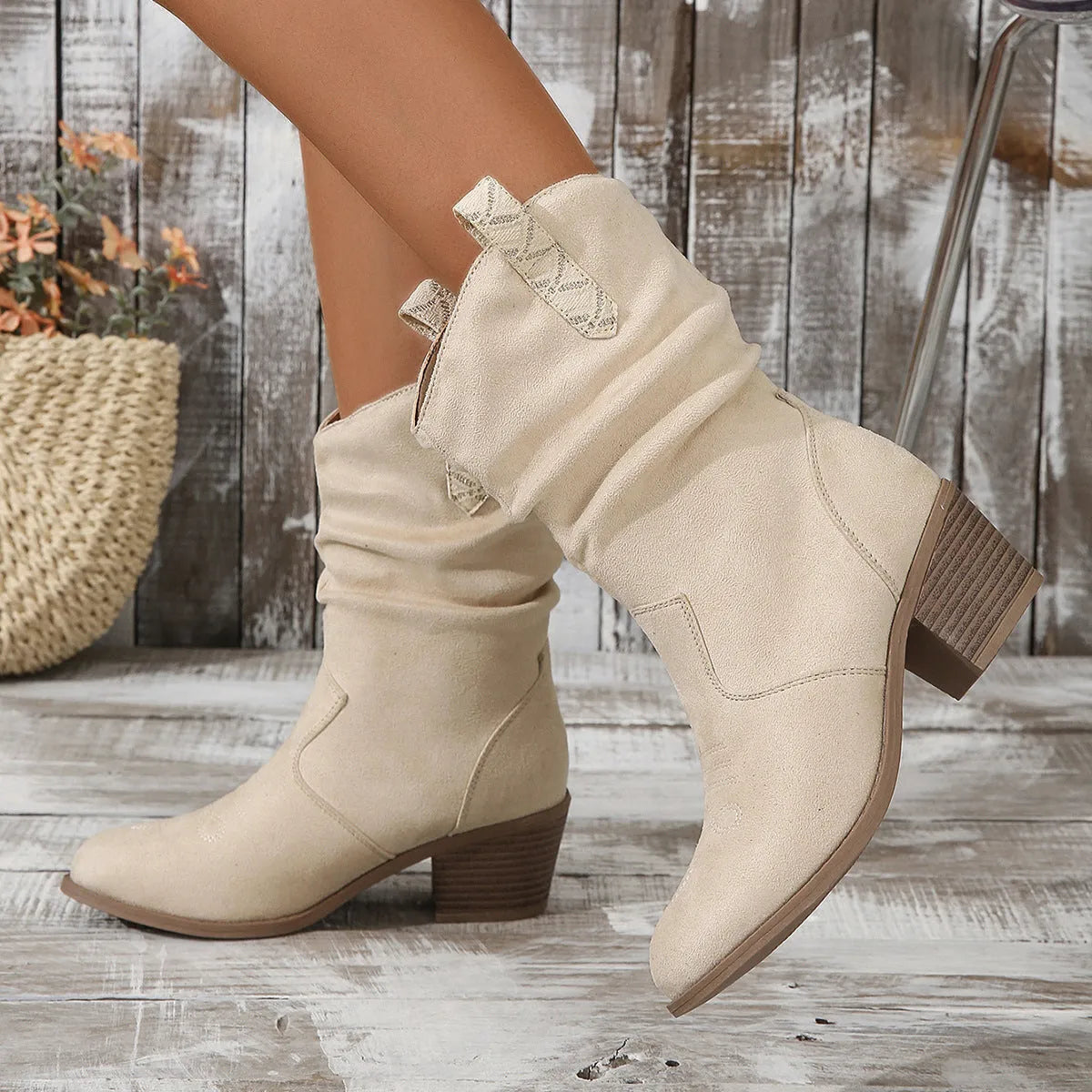 Women's suede mid-calf boots with 3-5cm mid-heel in milky white and lotus root colours