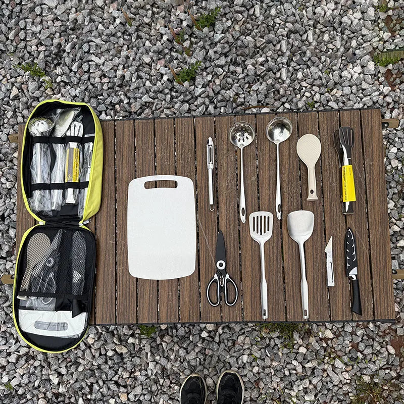 12-piece stainless steel picnic kitchenware set in storage bag for outdoor dining