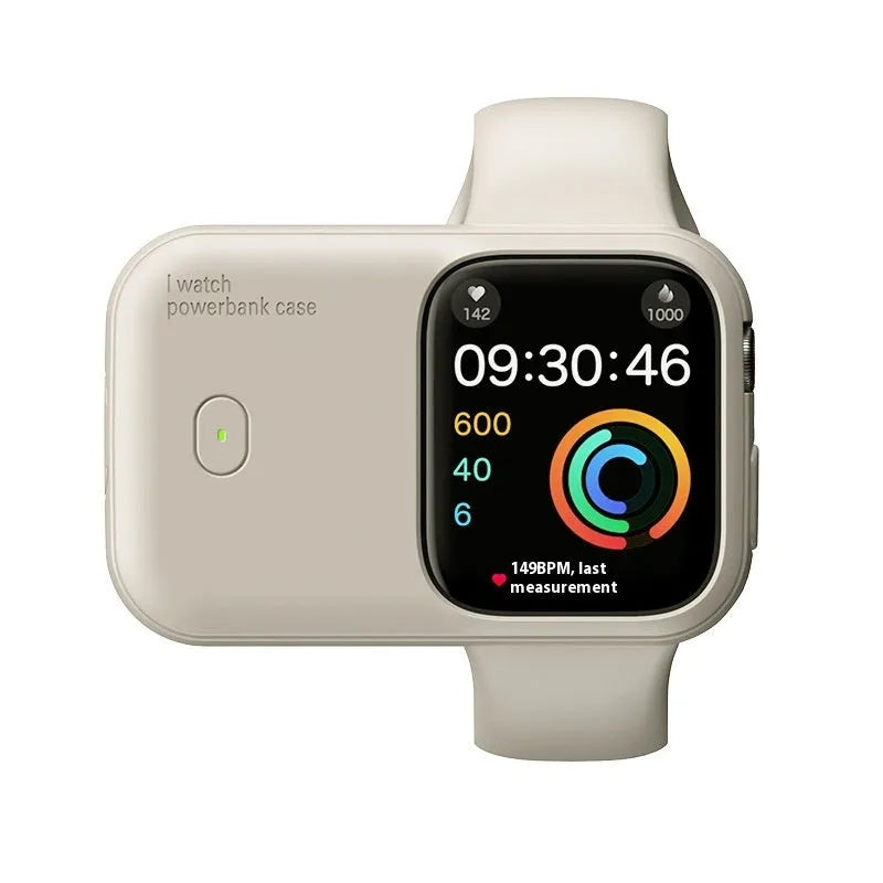 Apple Watch portable charging case in Brown, Midnight Blue, or Starlight colours with 1200mAh battery
