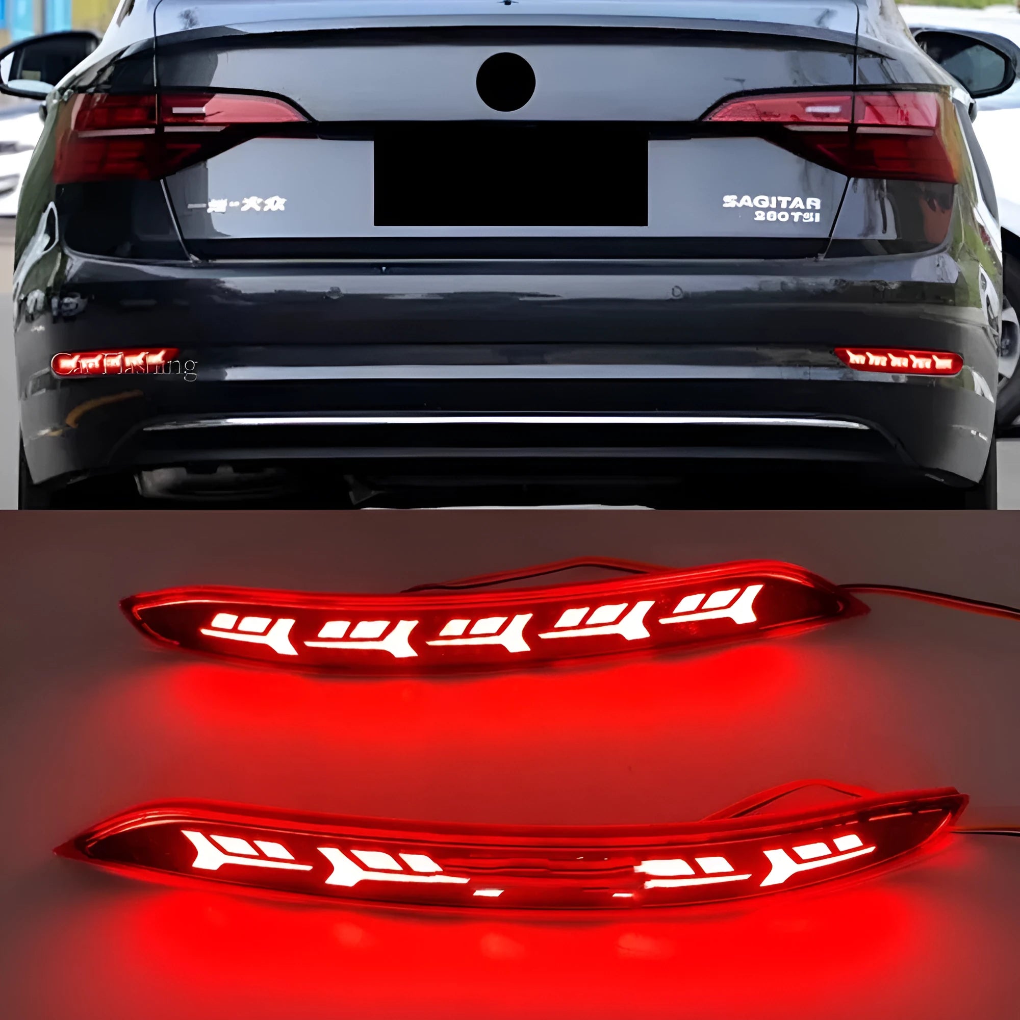Volkswagen Sagitar rear bumper light with water flow LED streamer effects.