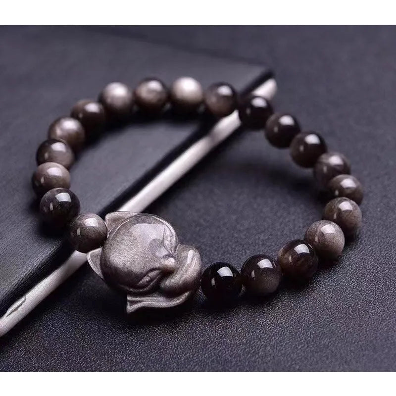 Obsidian fox bracelet with 8mm gemstone beads and fox charm pendant
