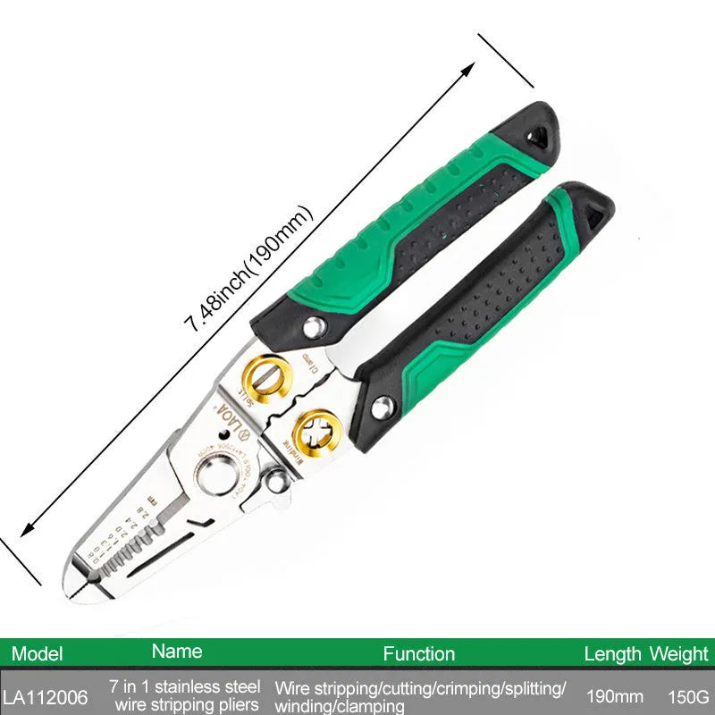 Multifunctional stainless steel wire stripper with 7 stripping ports and two-colour ABS handle.