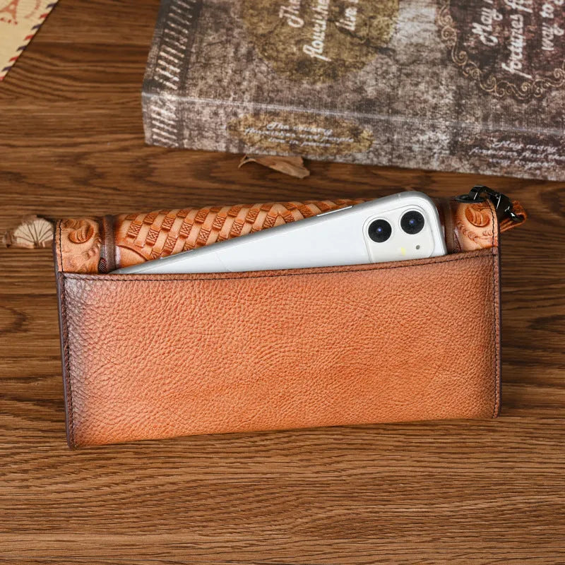 Chinese-style floral embossed tri-fold women's wallet in retro brown cowhide leather