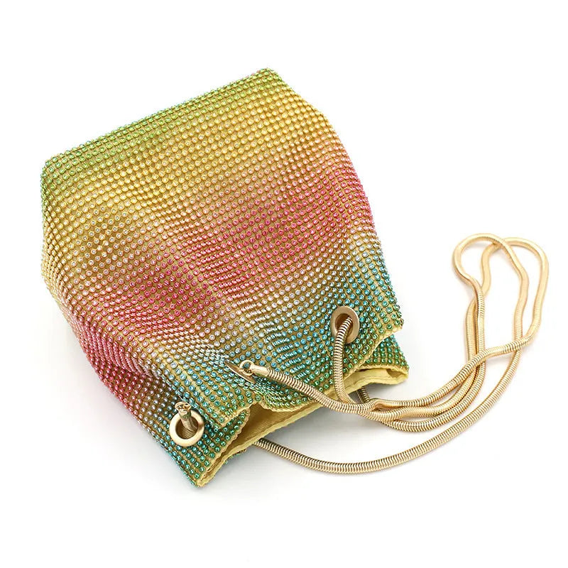 Rainbow rhinestone bucket handbag with glittering crystal surface